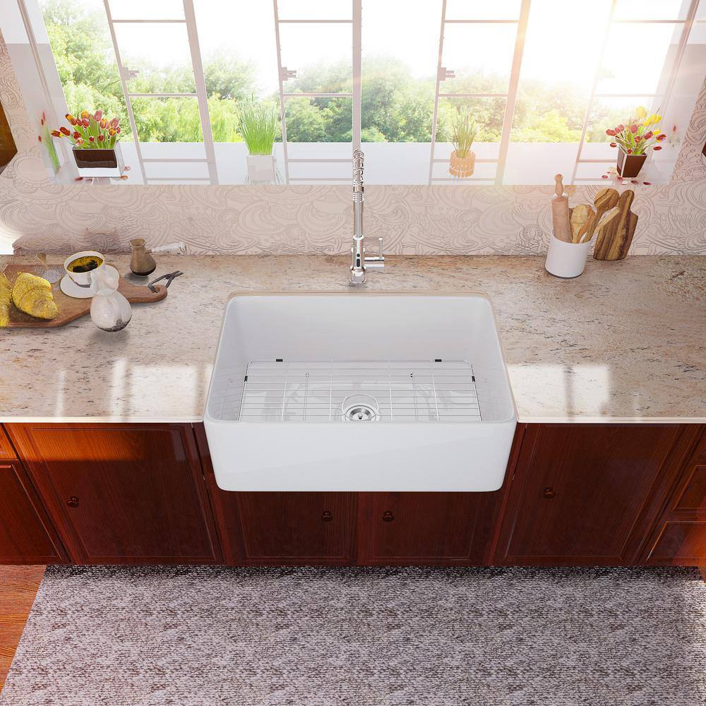 LORDEAR White Fireclay 33 in. Single Bowl Farmhouse Apron Front Kitchen Sink with Bottom Grid HAW3320R1