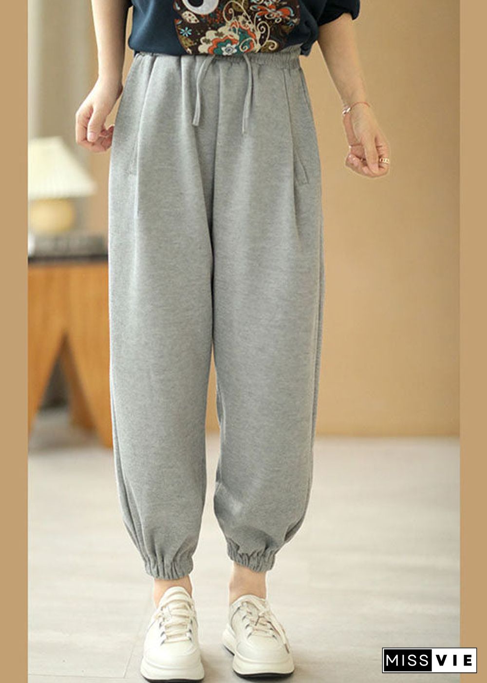 Women Grey Tie Waist Pockets Harem Fall Pants Cotton