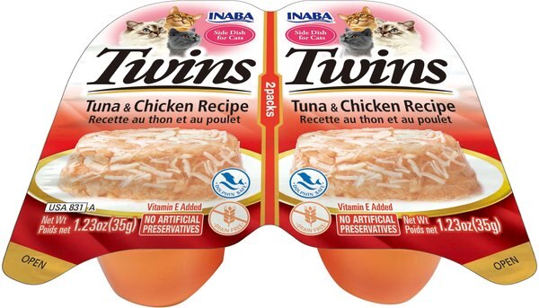 Inaba Twins Tuna and Chicken Recipe Grain-Free Cat Food Topper， 1.23-oz， pack of 2