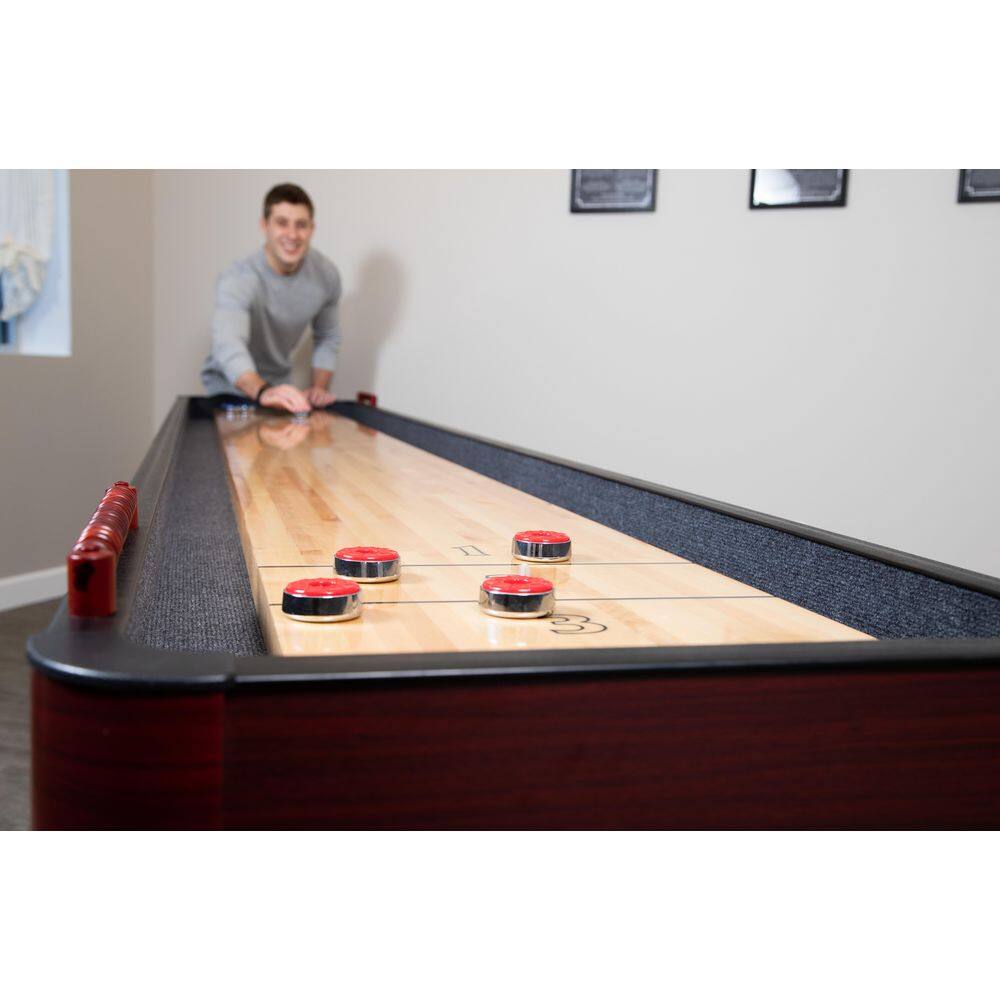 Hathaway Challenger 12 ft. Shuffleboard Table w Storage Cabinets Climate Adjusters Leg Levelers 8 Pucks Brush and Wax BG1214