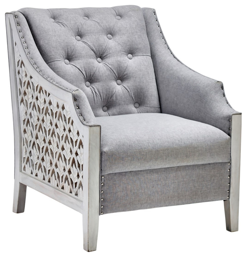 Botanical Lattice Carved Wood Grey Upholstered Lounge Accent Chair   Transitional   Armchairs And Accent Chairs   by Sideboards and Things  Houzz