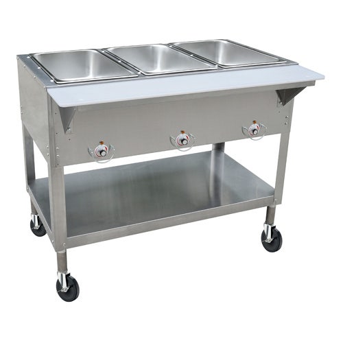 Kratos 28W-197 Mobile Three Pan Open Well Electric Steam Table with Undershelf， 120V， 1500W