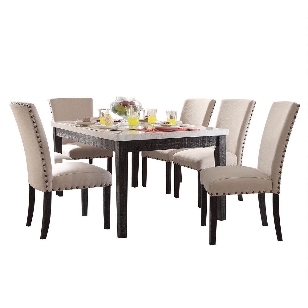 CUSchoice Linen Side Chair Set (2 Chairs) in Dark Oak   White Marble Dining Table in Dark Oak