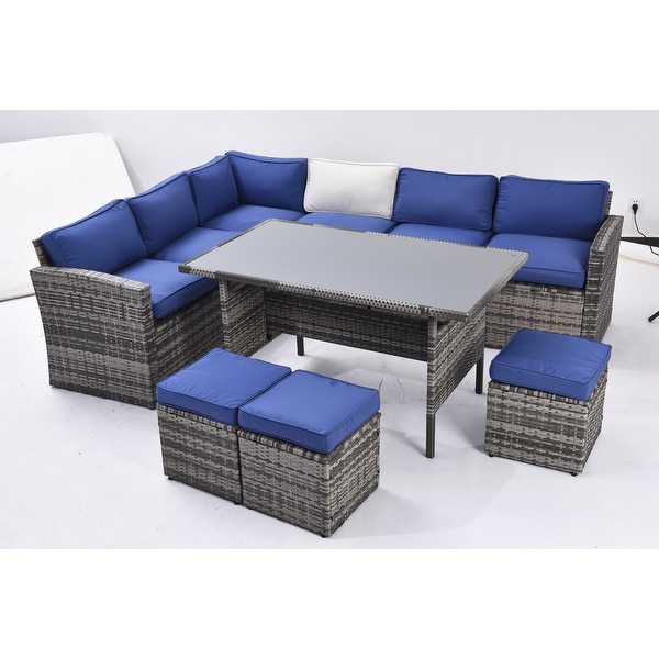 Patio Furniture Set，7 Pieces Sectional Conversation Sofa with Ottomans，All Weather，With Backrest and Removable Cushions