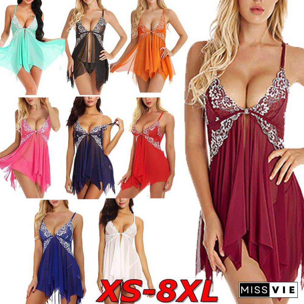 Plus Size Fashion Casual Sexy Women's Solid Color V-neck Sleeveless Lace Translucent Mesh Sling Nightdress Set