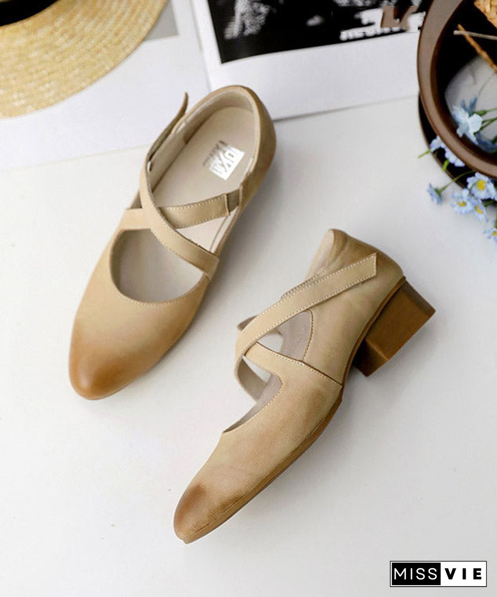 Simple Beige Cowhide Leather Cross Strap High Heels