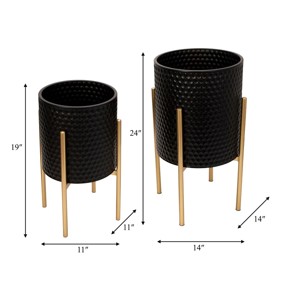 Set of 2 Honeycomb Planter Pots on Metal Stands  Indoor Outdoor  Black and Gold  14 L x 14 W x 23 H   14\