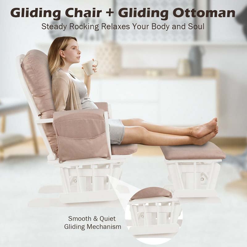 Glider Rocking Chair & Ottoman Set Solid Wood Baby Rocker Nursery Chair With Padded Cushions & Pockets