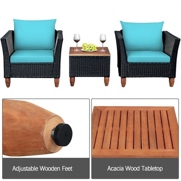 3 Pcs Outdoor Patio Rattan Furniture Set Wooden Table Top Cushioned Sofa