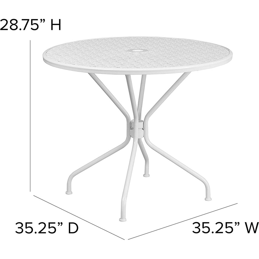 35.25" Commercial Grade White Steel Indoor/Outdoor Patio Table with Umbrella Hole