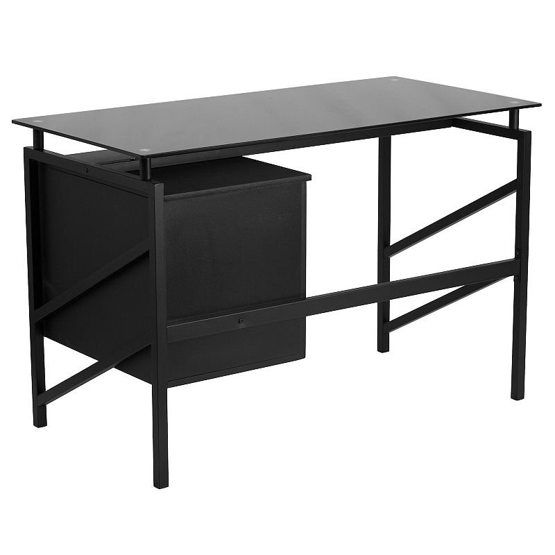 Emma and Oliver Two Drawer Pedestal Desk with Tempered Glass Top and Metal Frame