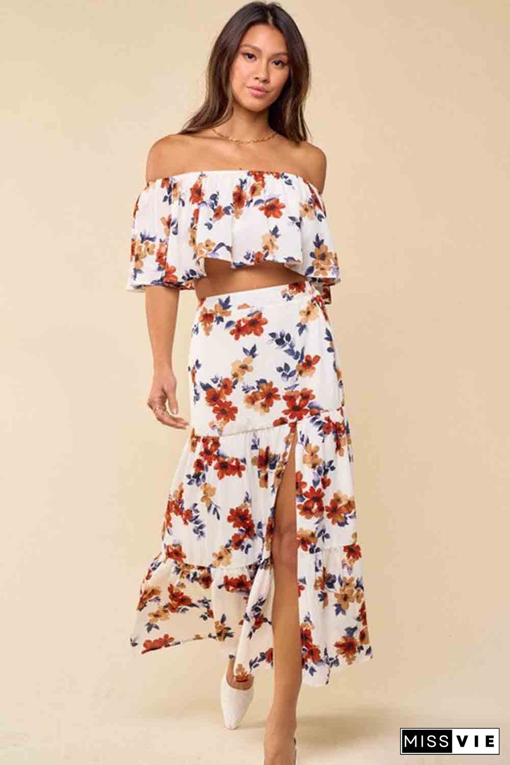 White Floral Print Off-shoulder Crop Top and Maxi Skirt Set