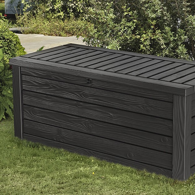 Keter Westwood Outdoor Resin 150 Gallon Deck Storage Box Organizer For Patio Furniture Pool Toys And Yard Tools With Bench Dark Gray 2 Pack