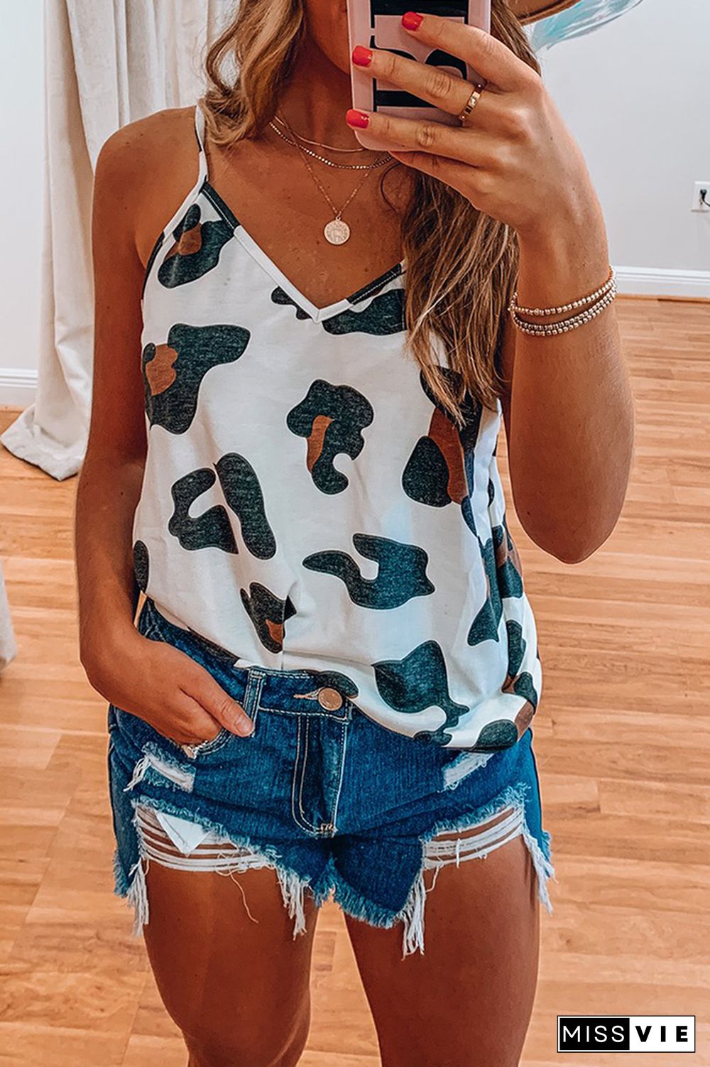 White Printed V-Neck Vest Tank Top