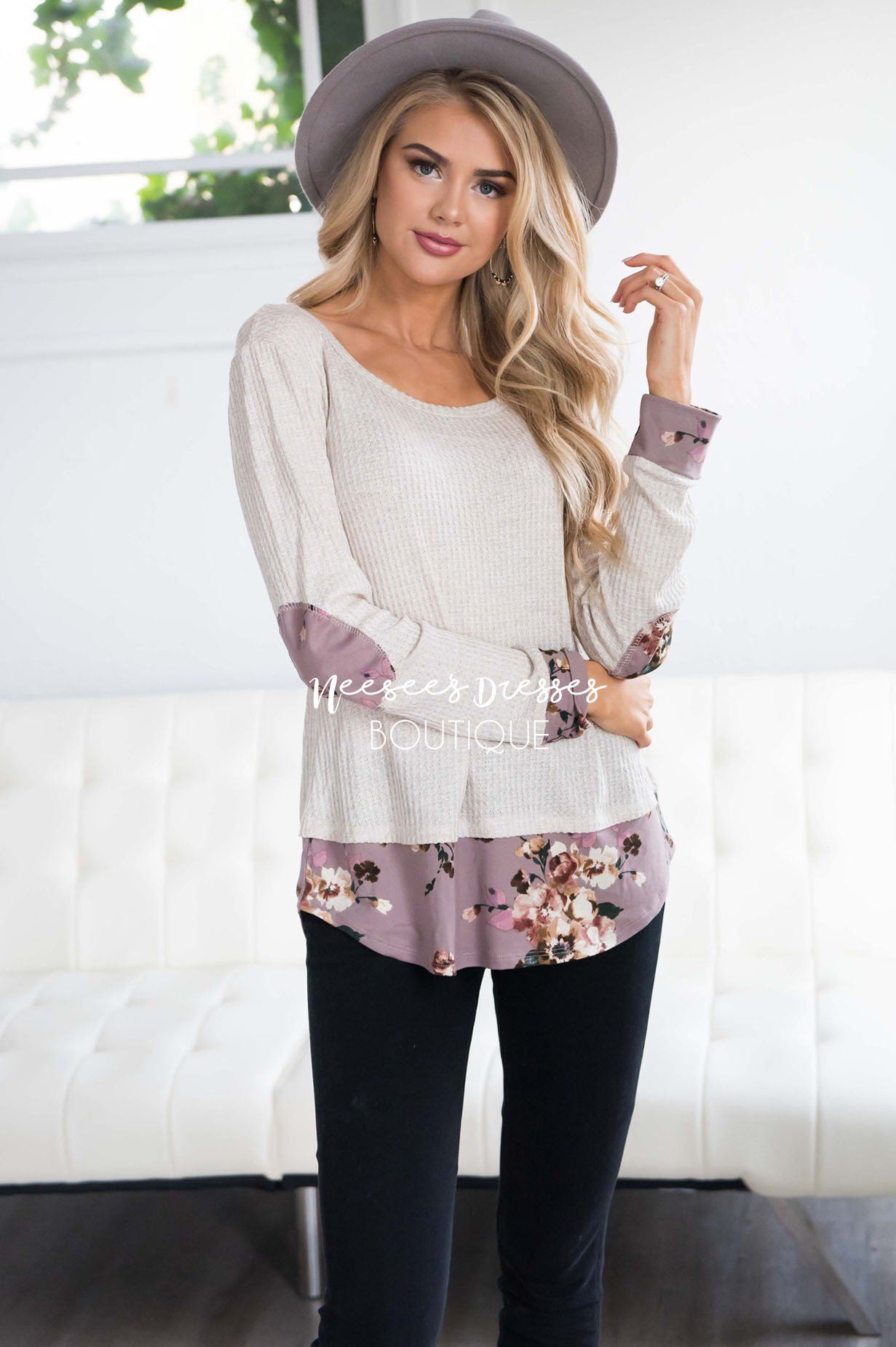 Floral Elbow Patch Chiffon Hem Top