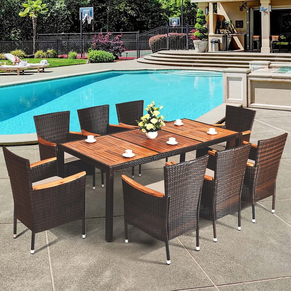 9PCS Patio Dining Set Wood Table Top Umbrella Hole Cushions Chairs