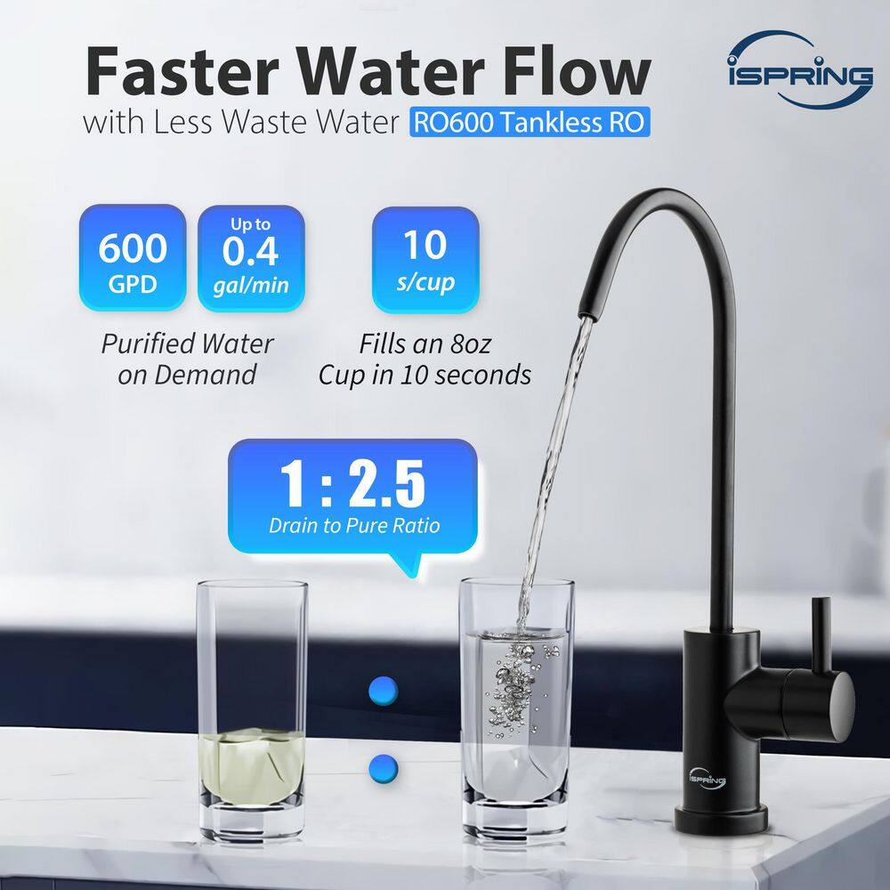 ISPRING Tankless Reverse Osmosis Water Filtration System 600 GPD Fast Flow Oil Rubbed Black Faucet 2.5: 1 Pure to Drain Ratio RO600ORB