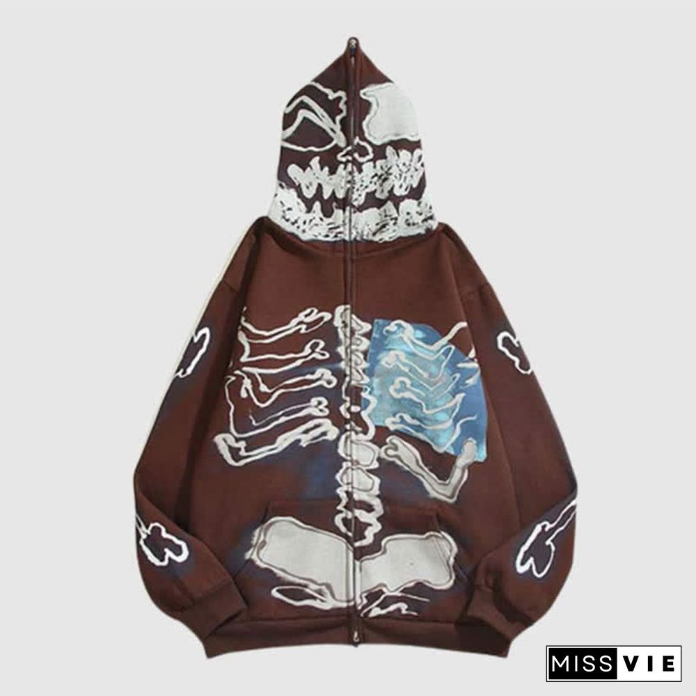 Skeleton Print Zipper Loose Hooded Sweatshirt