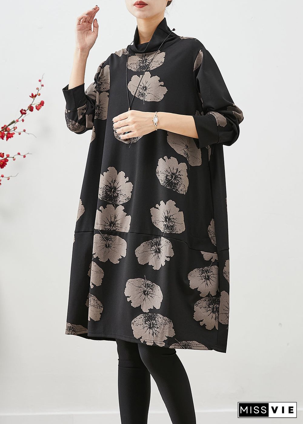 Women Black Turtle Neck Print Cotton Dresses Fall