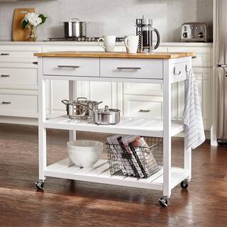 StyleWell Glenville Cream White Rolling Kitchen Cart with Butcher Block Top Double-Drawer Storage and Open Shelves (36