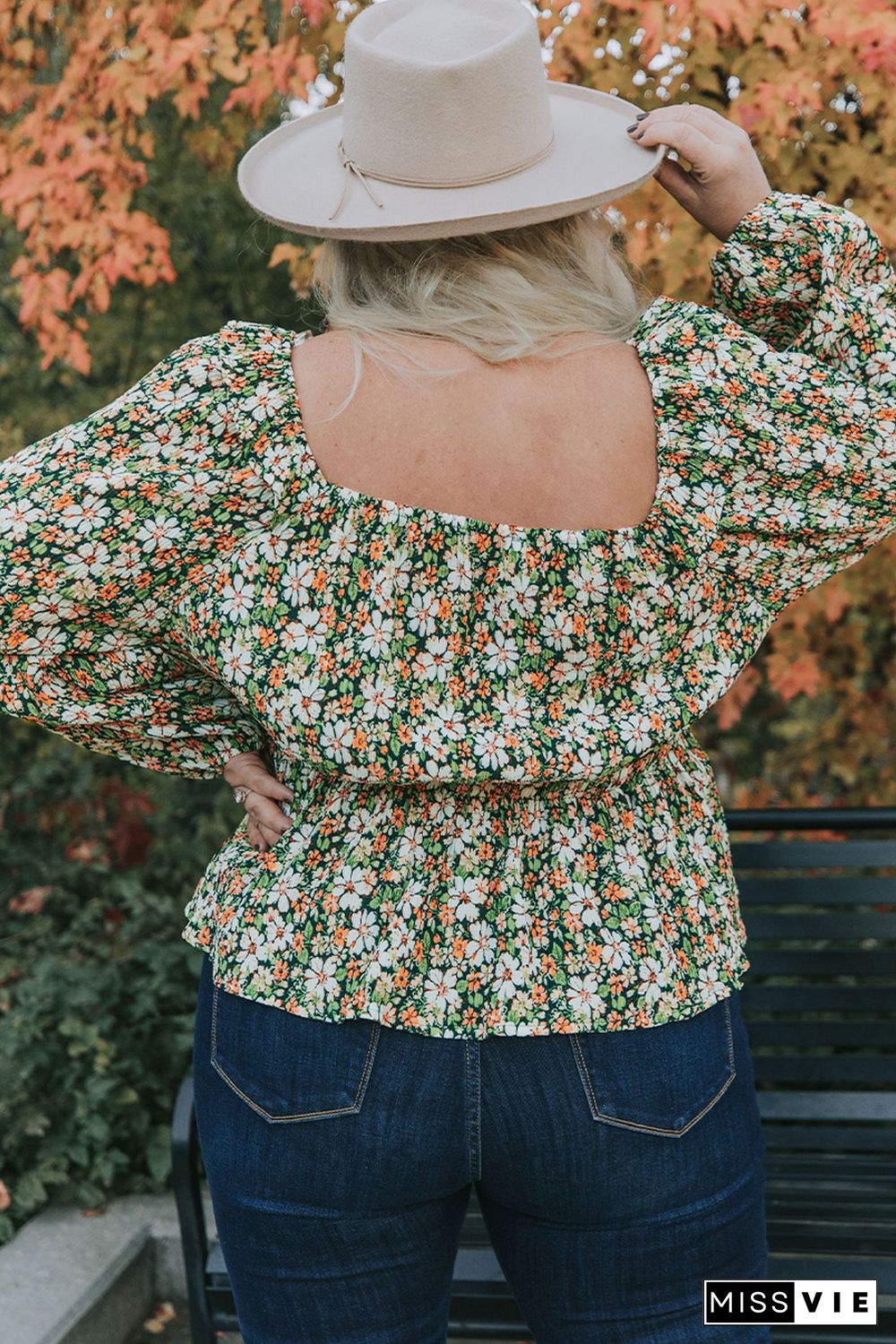 Square Neck Floral Plus Size Peplum Top