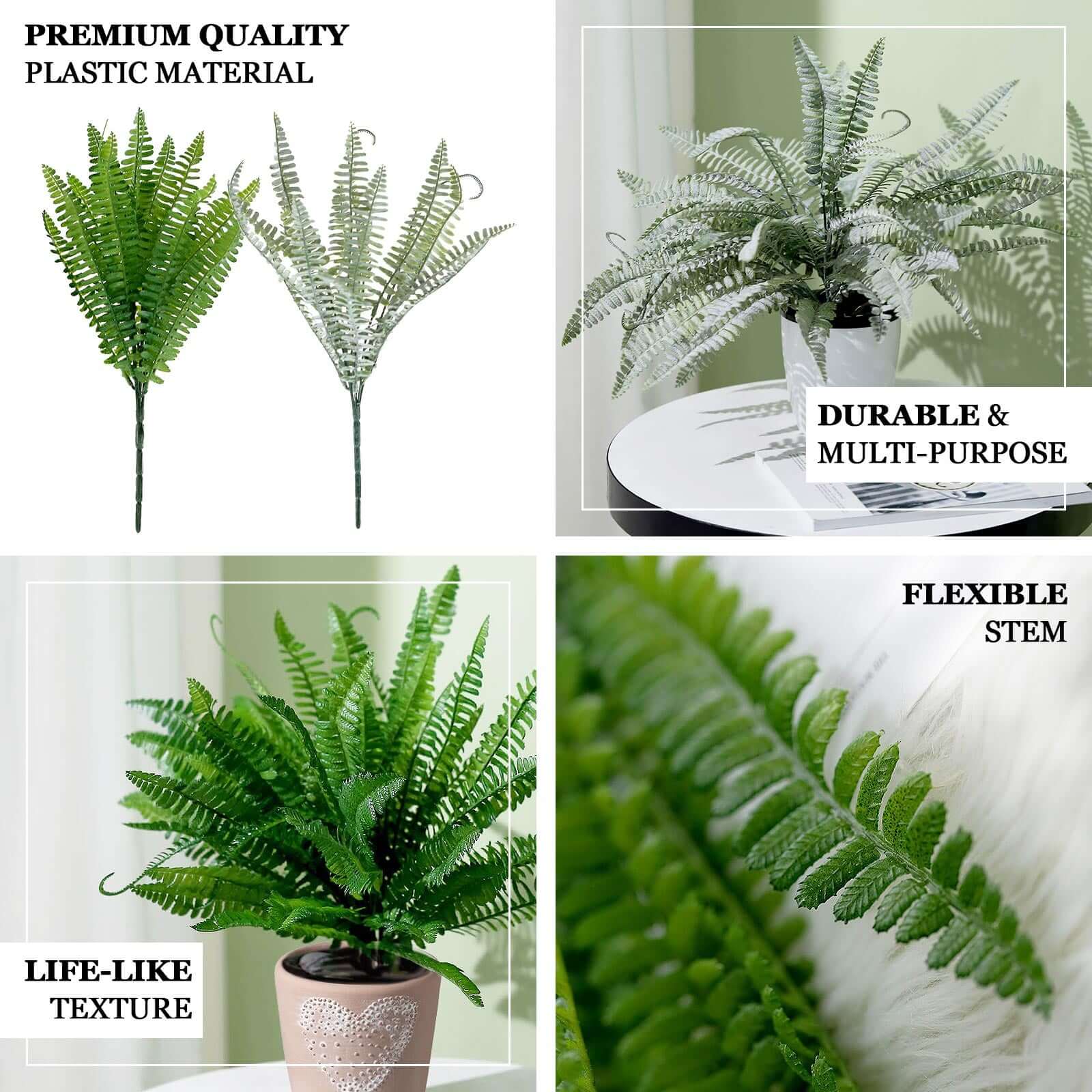 2 Stems Green Artificial Boston Fern Leaf Plant Indoor Faux Spray 18