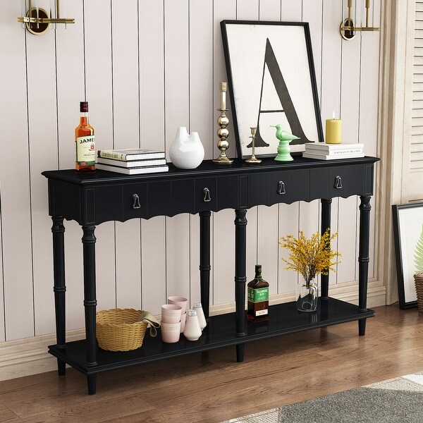 Country Console Table with 4 Front Facing Storage Drawers and 1 Shelf