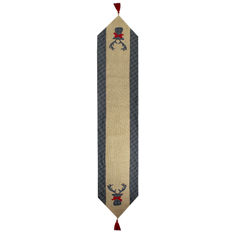 80 Blue and Brown Burlap and Plaid Reindeer Christmas Table Runner