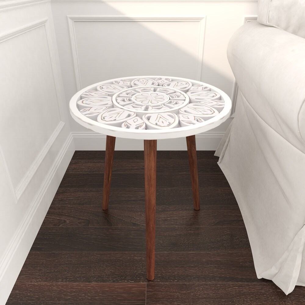 Wood Handmade Intricately Carved Floral Accent Table with 3 Slender Legs