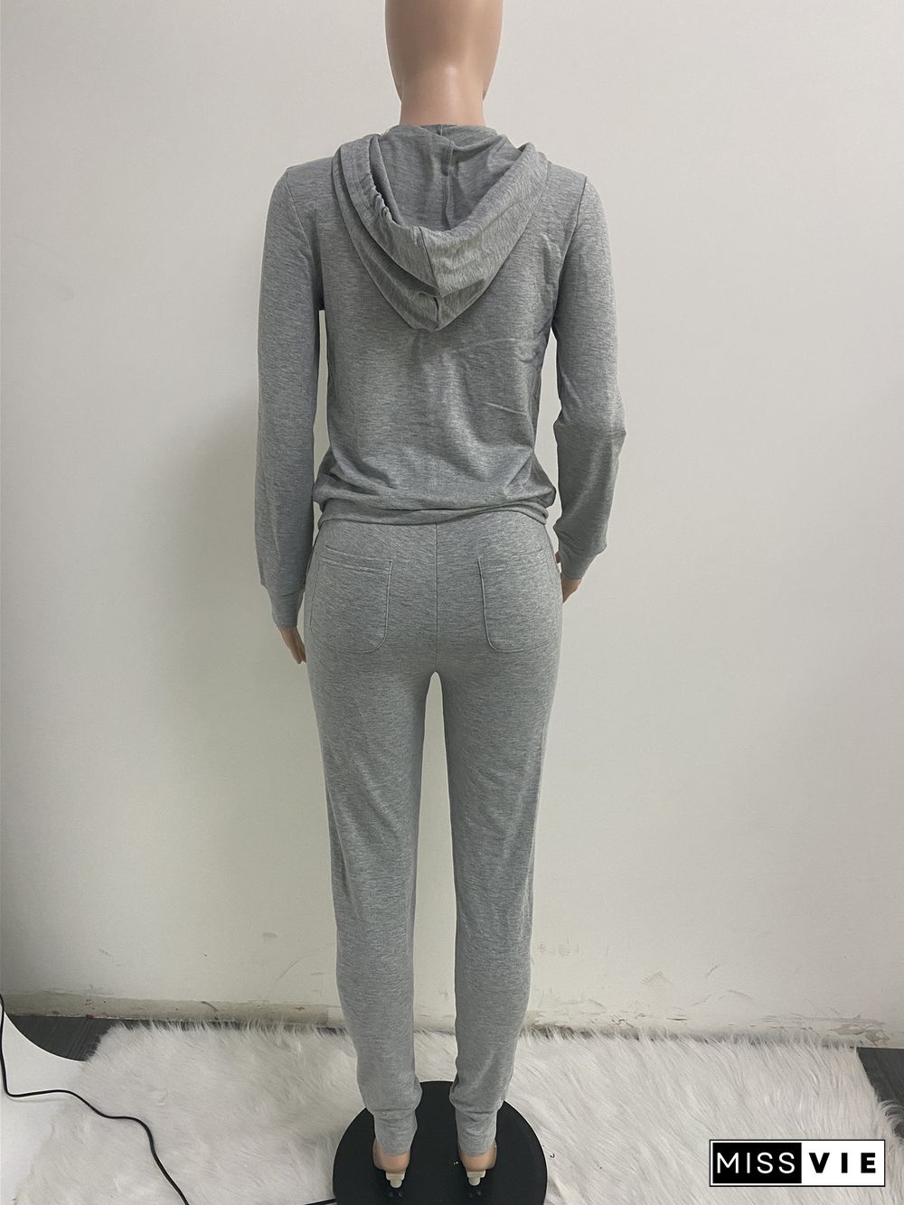 Solid Hooded Zip Sweatshirt Top Drawstring Pants Set