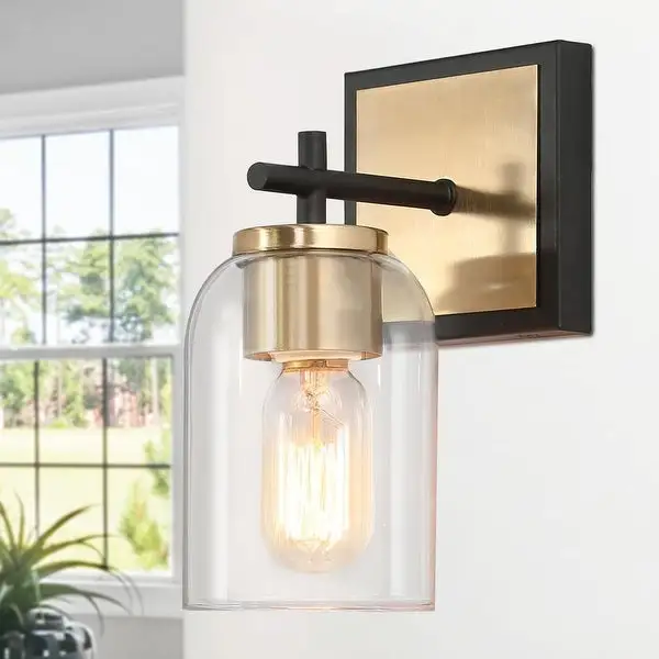 Modern Farmhouse Bathroom Vanity Light Black Gold Cylinder Glass Wall Sconce