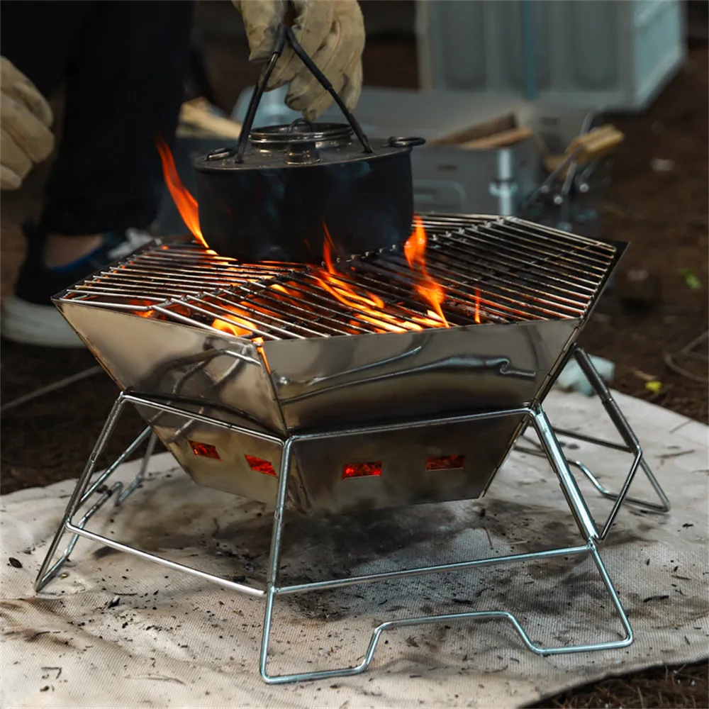 Oem Outdoor Folding Stainless Steel Bbq Barbeque Grills Portable Picnic Wood Charcoal Faggot Camping Stove