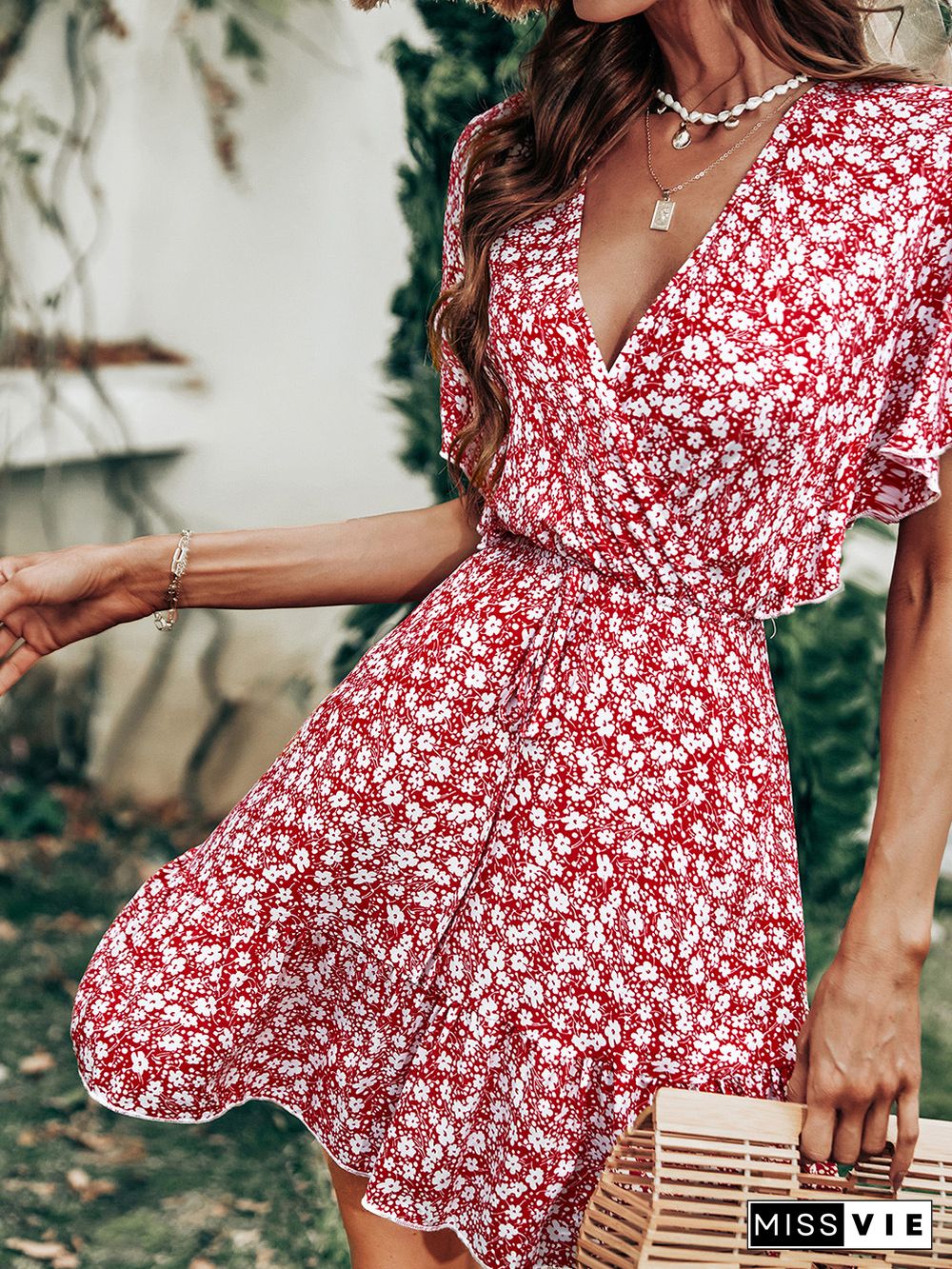 Casual Women Summer Dress New V-Neck Short Ruffle Sleeve Red Floral Print Big Swing Lace-up Elastic Waist A-line Mini Dress