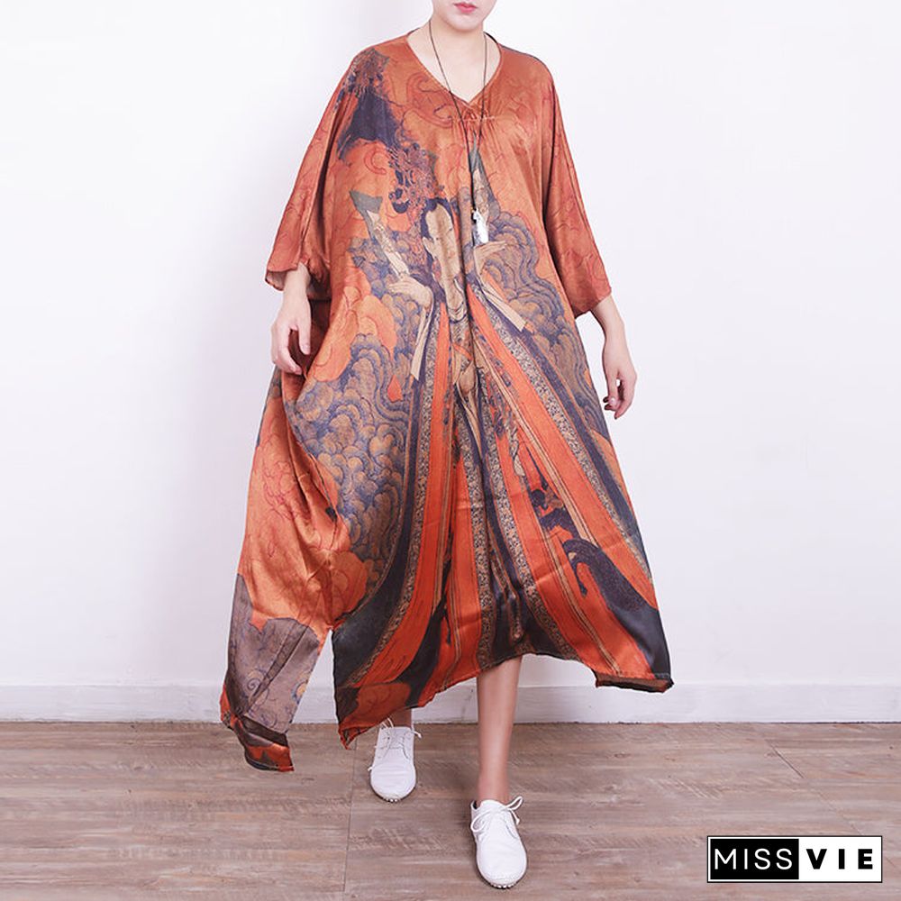 fine orange Midi-length silk dress plus size casual dressv neck prints silk dresses