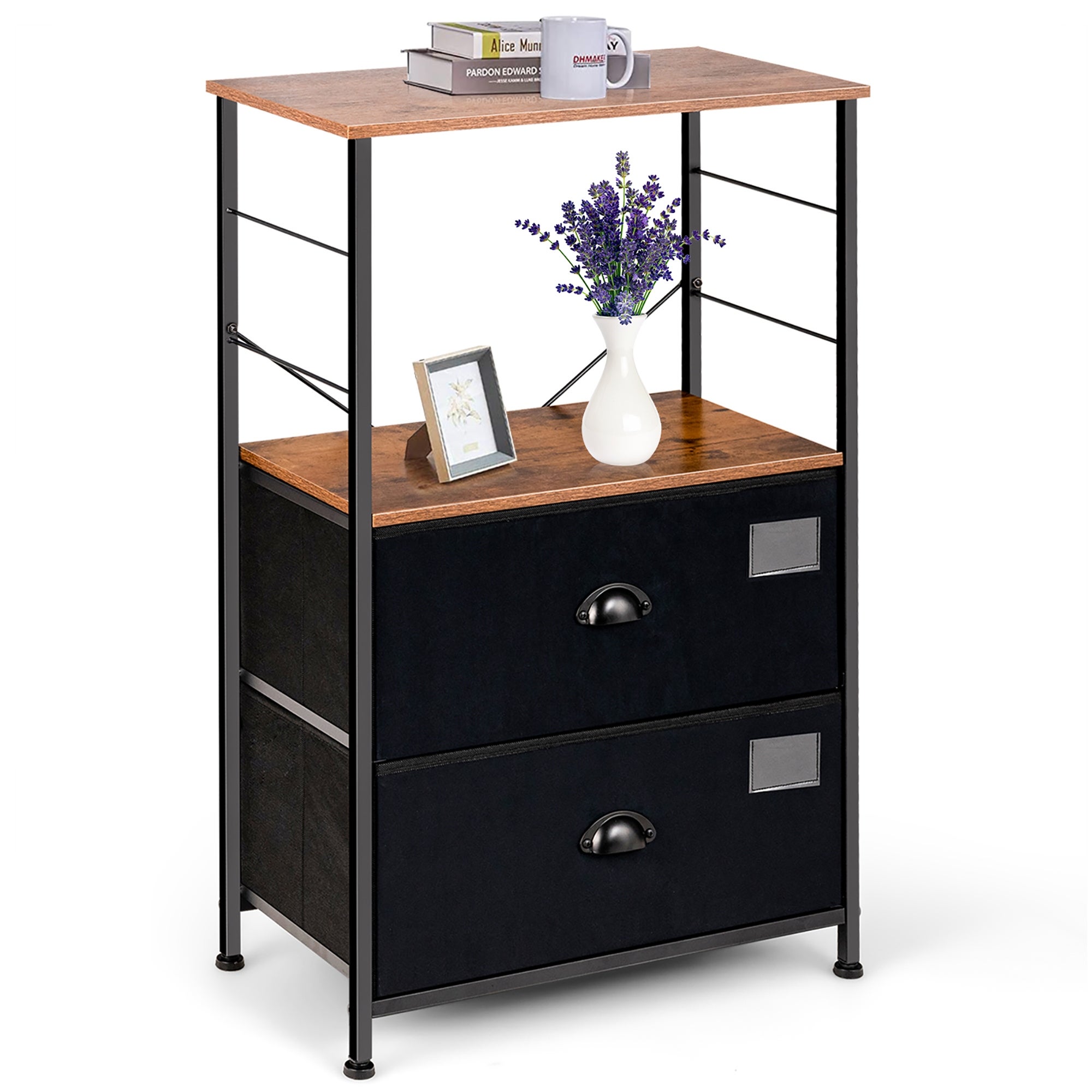 3 Tier Nightstand 2 Drawer Dresser Bedside Table with Storage Shelf