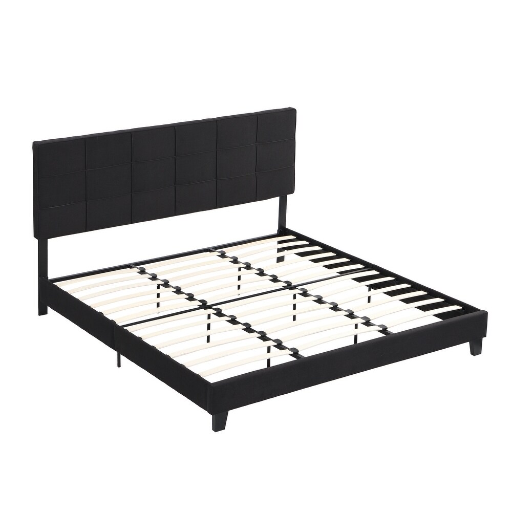 King Size Upholstered Platform Bed Frame with Linen Fabric Headboard