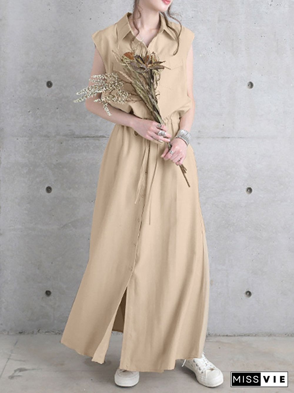 Solid Drawstring Waist Pocket Button Front Maxi Cargo Dress