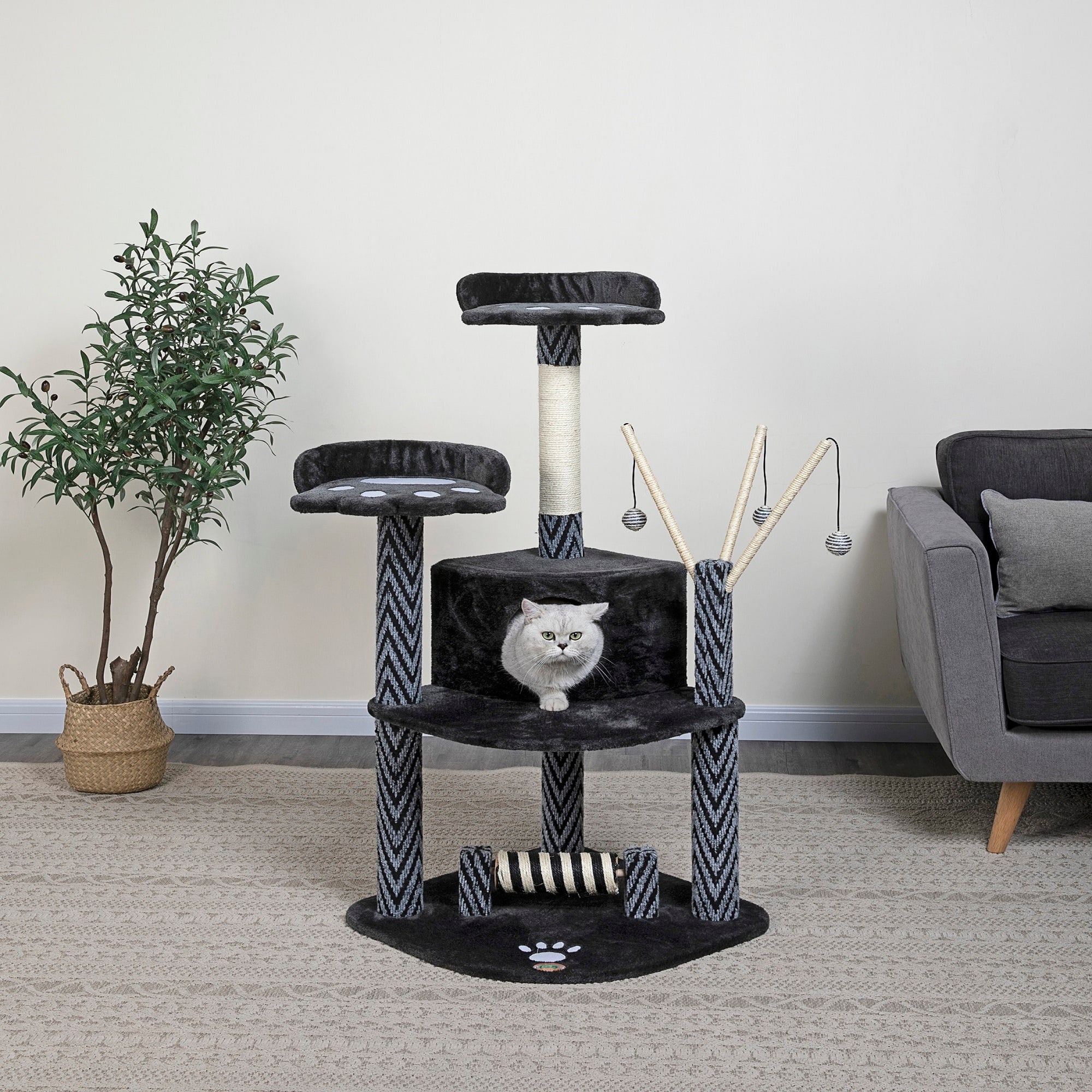 Go Pet Club Black Cat Tree House with Dangling Toys F19， 50 H