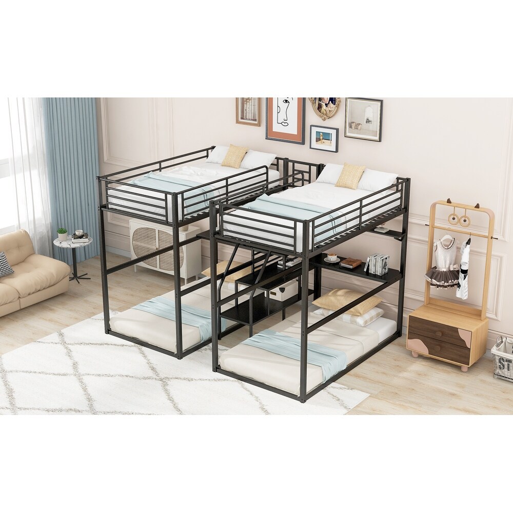 Black Metal Double Twin over Twin Bunk Bed with Two Desks  Shelves  and Storage Staircase  Space Saving  Large Storage