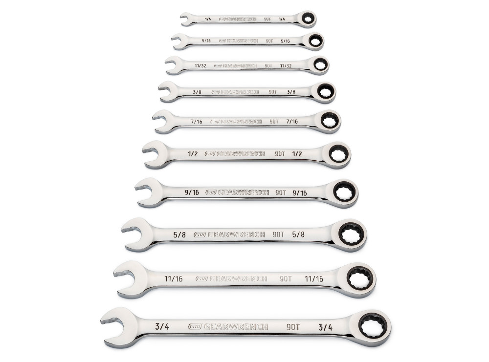 10 Pc. 90T 12 Point SAE Combination Ratcheting Wrench Set