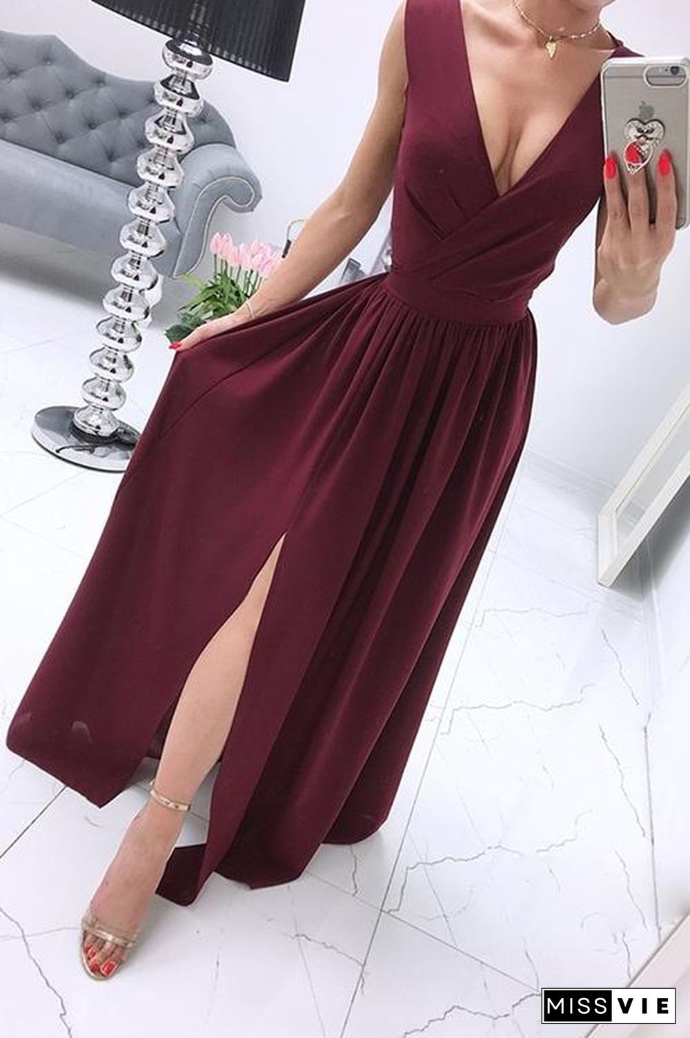 Deep V Neck Slit Maxi Dress