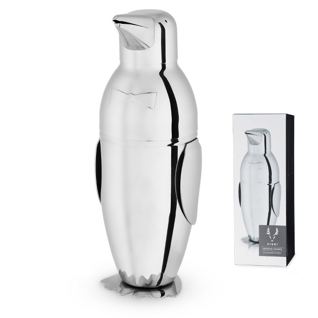 Viski Penguin Cocktail Shaker 17 Oz Stainless Steel Cobbler Shaker With Strainer Silver