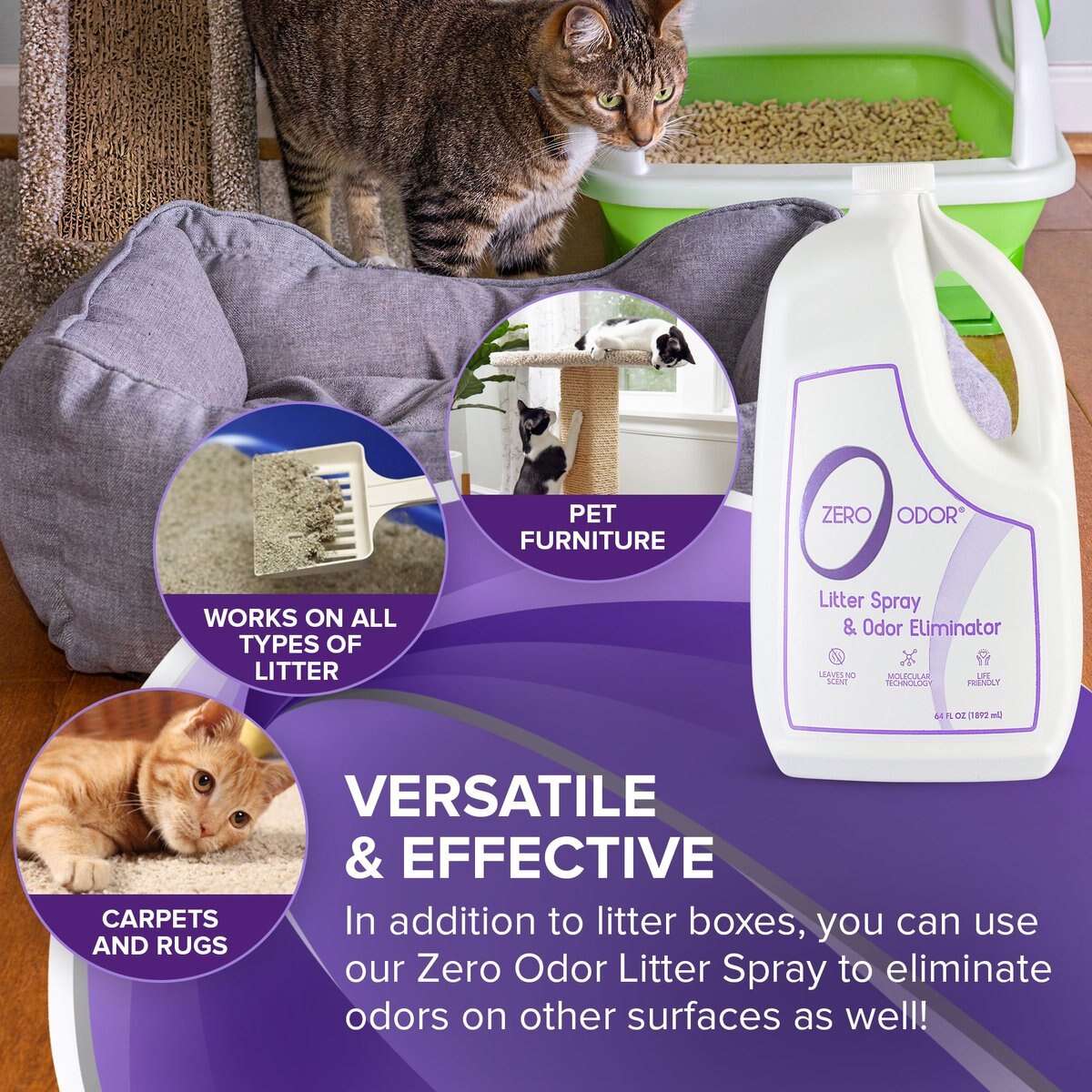 Zero Odor Litter Spray and Pet Odor Eliminator， 64-oz bottle