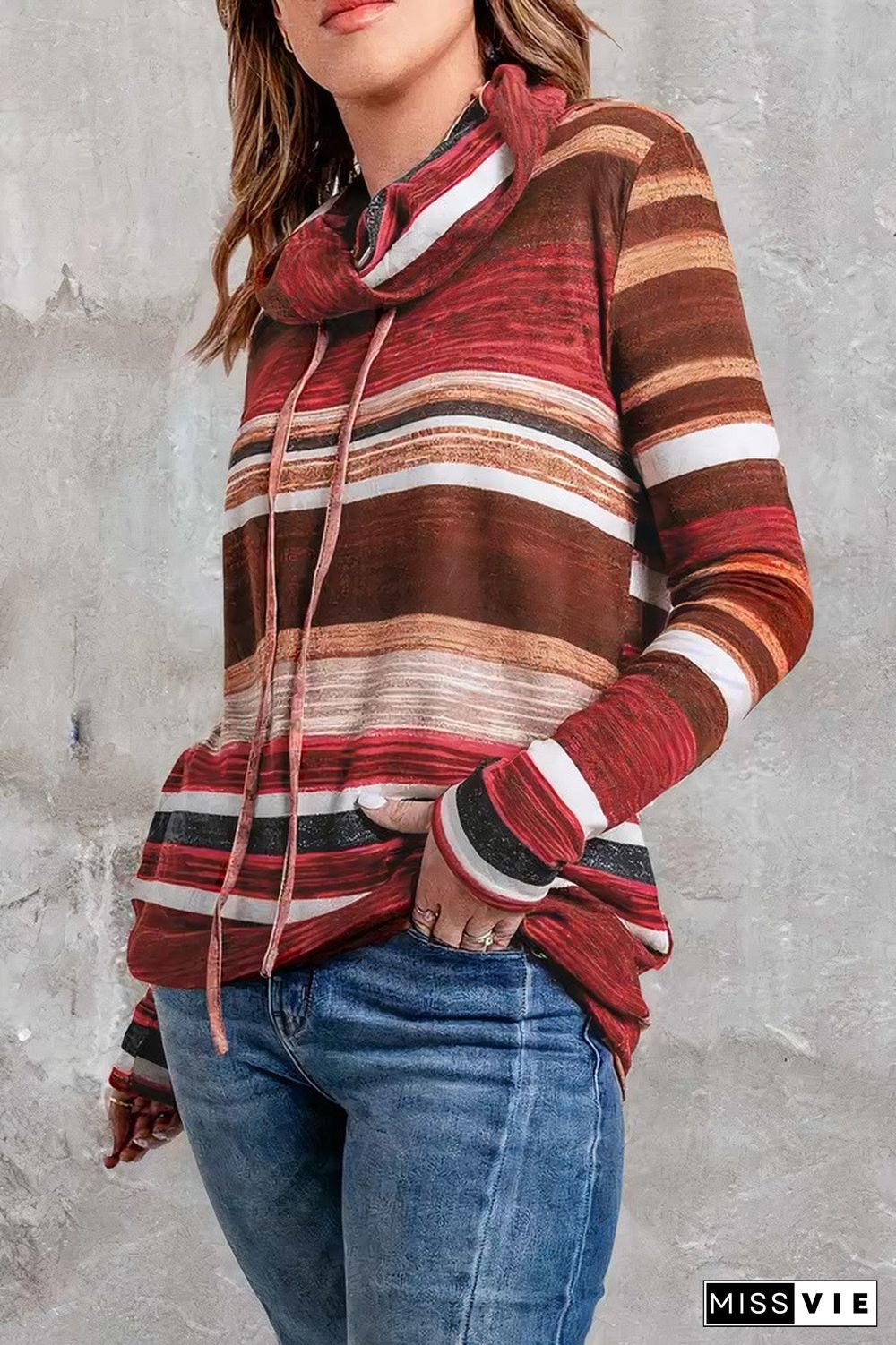 Striped Drawstring Cowl Neck Sweatshirt