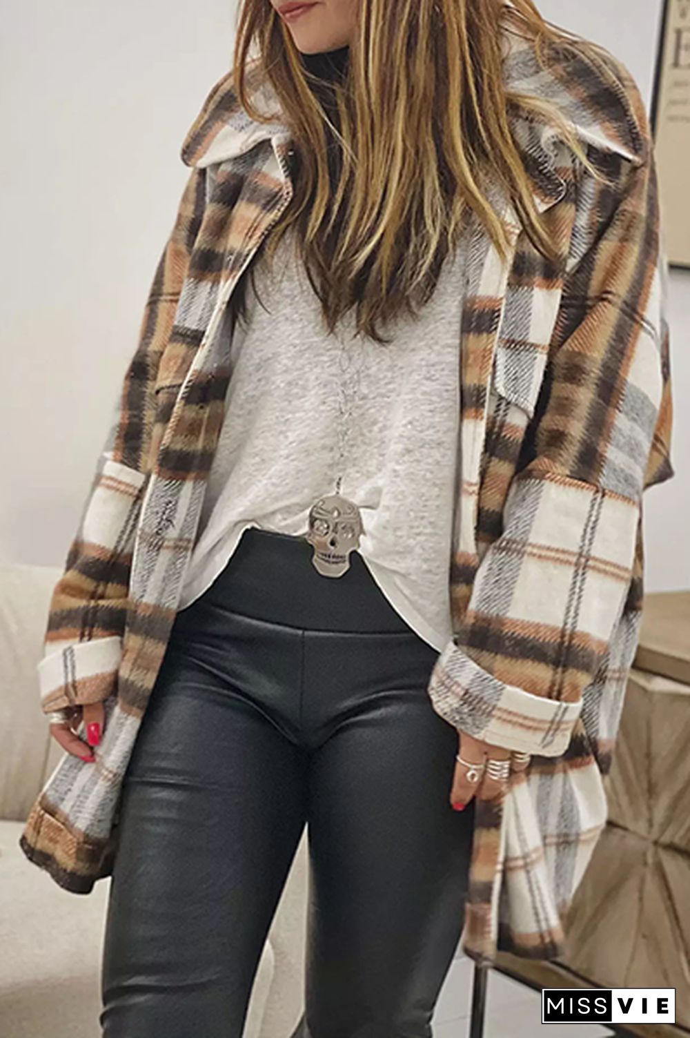 Plaid Lapel Hem Slit Loose Coat