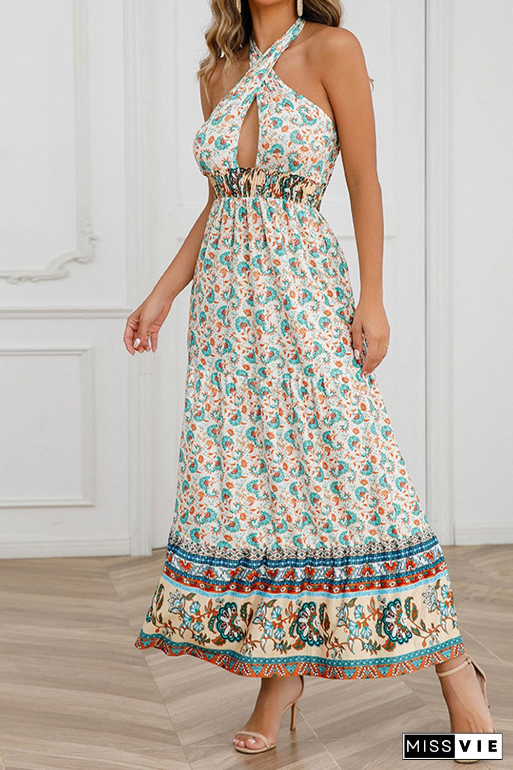 Twisted Halter Hollow Out Smocked Waist Boho Floral Maxi Dress