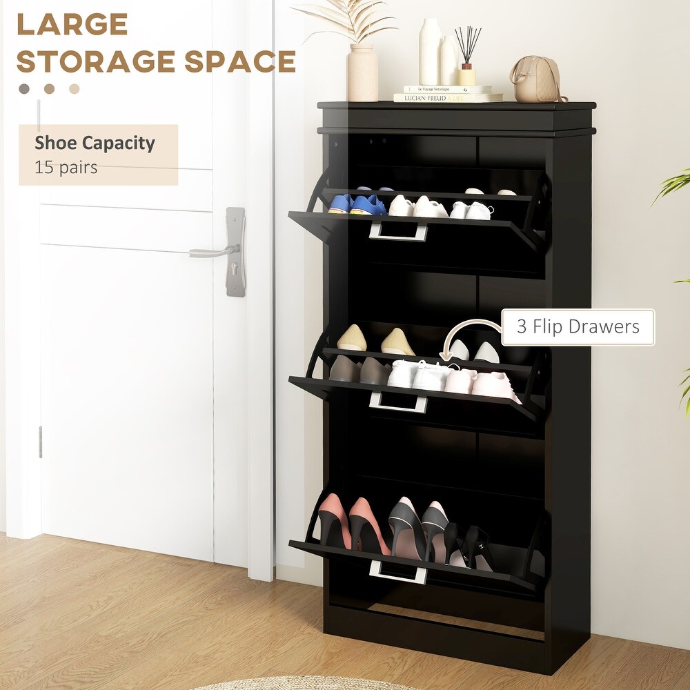 HOMCOM Shoe Cabinet for Entryway  Narrow Shoe Rack Storage Organizer with 3 Flip Drawers and Adjustable Shelves