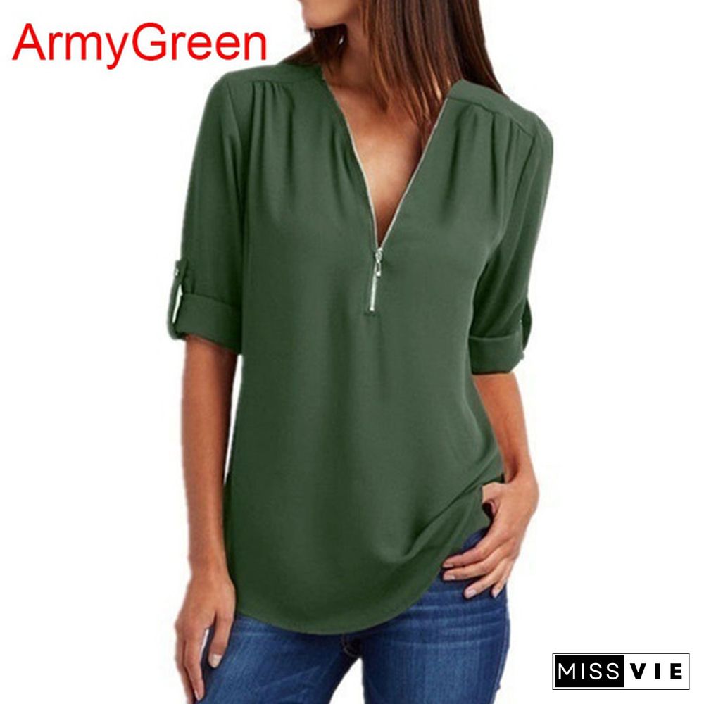 Plus Size Women's Fashion Chiffon Shirt V-neck Long Sleeve Loose Tops Zipper T-Shirt( S-4XL)