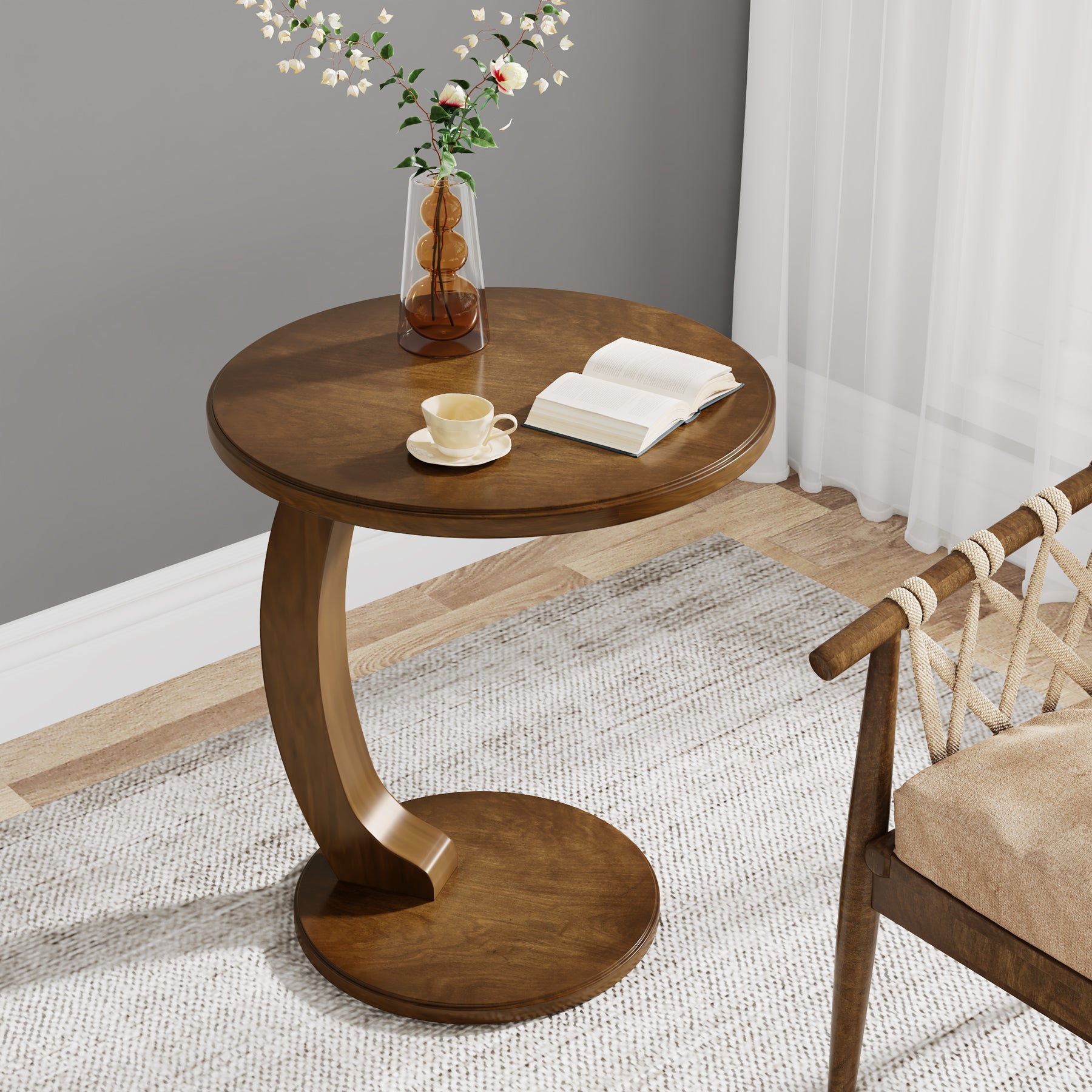 C-Shaped End Table, Round Solid Wood Side Table for Living Room