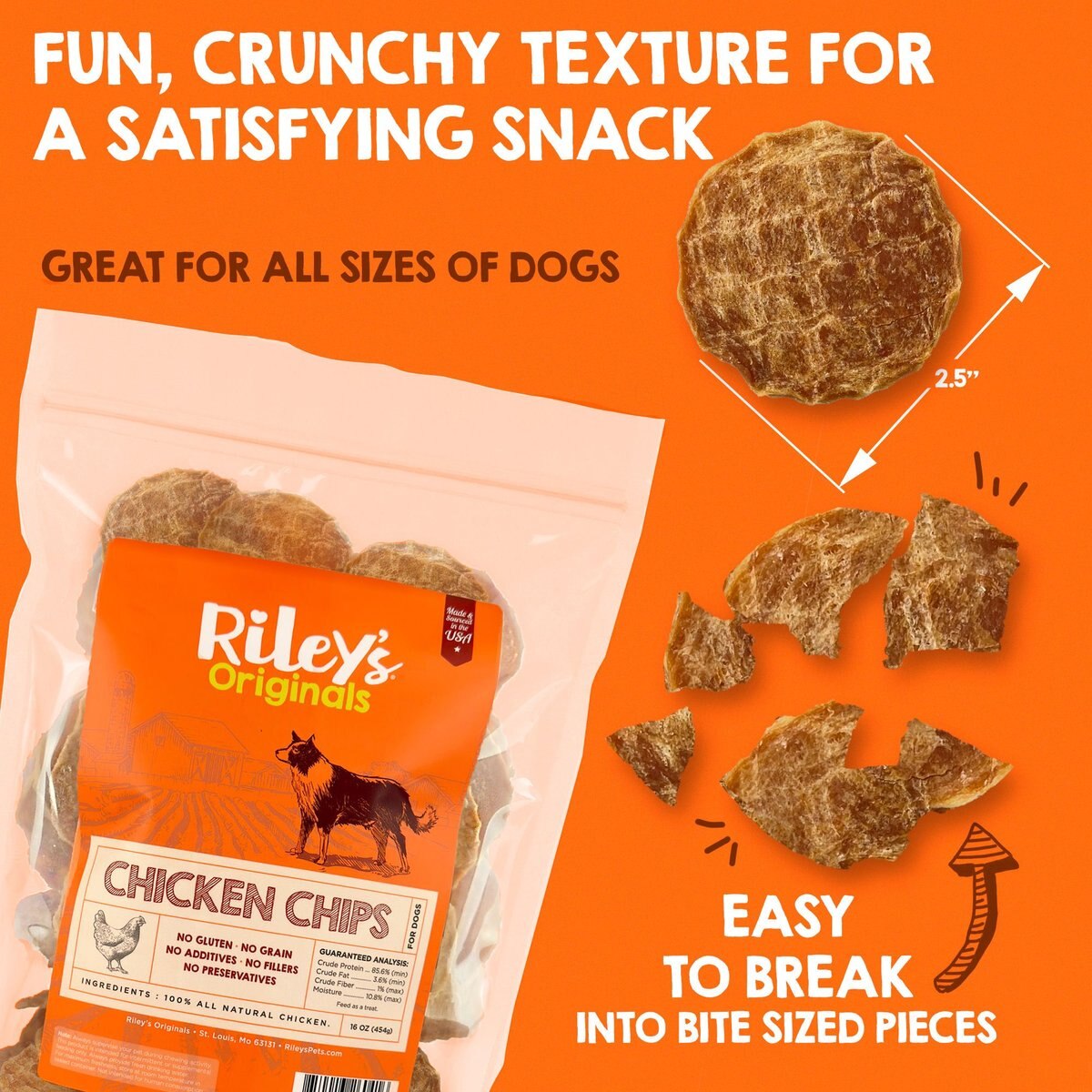 Riley's Originals All Natural Waffles Chicken Chips Flavored Jerky Dog Treats， 16-oz bag